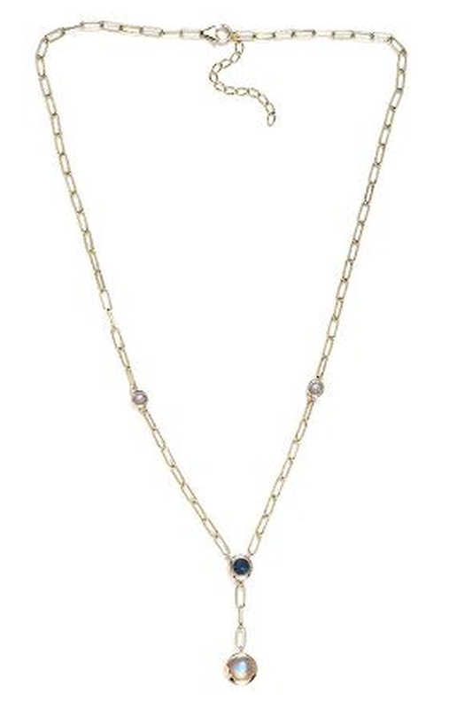 JK Crown Collection® Brilliant-Cut Rainbow Moonstone Light Blue Topaz Pink Tourmaline Paperclip Necklace in 14k Yellow Gold image number null